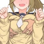  1girl blonde_hair blush breast_grab breasts cardigan fang grabbing grabbing_from_behind hetero highres inuyama_aoi large_breasts necktie onsen_tamago_(hs_egg) school_uniform solo_focus sweatdrop white_background yurucamp 