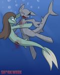  battle black_sclera blood digital_media_(artwork) duo female feral fight fish gretta hi_res marine my_little_pony nude outside pandramodo pussy shark shark_week simple_background water 