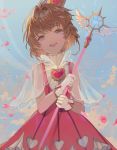  :d alternate_eye_color bad_id bad_pixiv_id blue_eyes blue_sky brown_hair cardcaptor_sakura cloud crown dal_(edalnem) day dress gem gloves head_tilt heart heart_cutout holding holding_wand kinomoto_sakura looking_at_viewer messy_hair open_mouth outdoors petals pinafore_dress pink_dress see-through shiny shiny_hair shirt short_hair sky smile solo upper_teeth wand white_gloves white_shirt white_wings wings 