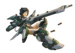  armor bigrbear black_hair black_legwear blue_eyes boots eyebrows_visible_through_hair eyes_visible_through_hair folded_ponytail gloves grey_legwear gun holding holding_gun holding_weapon jet_engine jumping leotard machinery mecha_musume missile navel navel_cutout open_mouth original rifle simple_background solo thigh_boots thighhighs two-handed weapon white_background 