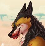  2018 alphaschakal black_fur blood canine digital_media_(artwork) fur gore grin hard_vore jackal looking_at_viewer male mammal orange_fur savanna senka_bekic simple_background smile smirk vore white_fur yellow_eyes 