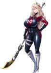  00s 1girl blonde_hair blue_eyes bodysuit breasts eliza_perlman female full_body huge_breasts kangoku_academia kangoku_senkan latex latex_suit lilith-soft long_hair looking_at_viewer naginata parted_lips prison_academia shiny shiny_skin sian smile solo spear standing weapon 