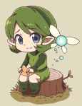  belt belt_buckle blue_eyes boots buckle chibi closed_mouth eyebrows eyebrows_visible_through_hair fairy fairy_wings full_body green_belt green_footwear green_hair green_hairband green_shirt hairband highres instrument kokiri long_sleeves looking_at_viewer nazonazo_(nazonazot) ocarina pointy_ears saria shirt short_hair sitting smile solo the_legend_of_zelda the_legend_of_zelda:_ocarina_of_time tree_stump undershirt wings 