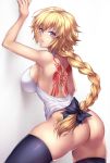  against_wall armpits ass back_tattoo backless_outfit bare_shoulders black_legwear blonde_hair blue_eyes blush bottomless braid breasts command_spell fate/apocrypha fate_(series) from_behind hair_between_eyes hair_ribbon highres jeanne_d'arc_(fate) jeanne_d'arc_(fate)_(all) large_breasts long_braid long_hair looking_at_viewer looking_back md5_mismatch nasaniliu no_panties parted_lips ribbon sideboob solo tattoo teeth thighhighs very_long_hair 