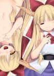  =_= bangs bare_arms bare_shoulders blonde_hair blunt_bangs bow closed_mouth collared_shirt dual_persona eyebrows_visible_through_hair facing_viewer flat_chest hair_bow hand_on_own_chest hand_up heart highres horn_ornament horns ibuki_suika long_hair looking_at_viewer multiple_girls neck_ribbon non-web_source nude open_mouth purple_skirt red_bow red_ribbon ribbon shirt skirt smile tomoki_tomonori touhou wing_collar yellow_eyes 