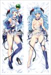  10s 1girl bed blue_hair breasts dakimakura hair_ornament honjou_emiru legs looking_at_viewer lying mahou_shoujo_erena nipples red_eyes sweat tail torn_clothes 