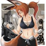  animal_ears bare_shoulders blurry blurry_background blush breasts brown_hair closed_eyes collarbone commentary_request cowboy_shot depth_of_field doitsuken dumbbell exercise eyebrows_visible_through_hair fox_ears fox_girl fox_tail gym gym_shorts heavy_breathing highres indoors large_breasts long_hair midriff mole mole_under_eye navel original outside_border parted_lips ponytail profile shorts solo sports_bra sportswear standing sweat tail weightlifting weights 