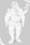  anthro bulge clothed clothing dinosaur essentialryu greyscale hair horn male monochrome monster muscular muscular_male open_mouth solo standing topless 