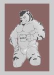  anthro beard bulge canine clothing cup essentialryu facial_hair greyscale jockstrap male mammal monochrome muscular muscular_male pecs pubes solo underwear 