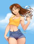  alternate_hair_length alternate_hairstyle blue_sky breasts brown_hair casual chun-li cleavage commentary crop_top day denim denim_shorts english_commentary hair_down hair_ribbon long_hair mike_nesbitt navel ribbon short_shorts shorts sky small_breasts solo stomach street_fighter street_fighter_ii_(series) 