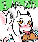  anthro badassbaal blush boss_monster breasts butt caprine english_text fangs female food fur goat hi_res horn mammal pie pillow saliva side_boob solo text tongue tongue_out toriel undertale video_games white_fur yellow_eyes 