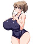  1girl black_eyes black_swimsuit breast_suppress breasts brown_hair collarbone curvy erect_nipples female huge_breasts intrepid_(kantai_collection) kantai_collection kare_(pixiv1062137) long_hair looking_at_viewer one-piece_swimsuit ponytail school_swimsuit shiny_skin simple_background smile solo swimsuit white_background wide_hips 