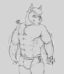  anthro bat bulge clothing essentialryu eye_patch eyewear greyscale male mammal monochrome muscular muscular_male pubes sketch smile solo standing swimsuit tight_clothing wings 