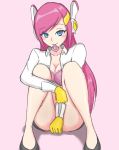  1girl artist_request blue_eyes blush bra cleavage condom condom_in_mouth eyebrows_visible_through_hair gloves kirby_(series) long_hair open_shirt pink_hair sitting smile susie_(kirby) tagme 