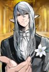  elezen elf final_fantasy final_fantasy_xiv flower formal grey_eyes hair_between_eyes long_hair pointy_ears silver_hair smile suit white_flower yum0811 