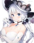  arm_across_chest armlet azur_lane bangs bare_shoulders blue_eyes blunt_bangs blush breasts choker cleavage collarbone commentary_request dress elbow_gloves eyebrows_visible_through_hair eyes_visible_through_hair gloves hair_ornament hair_ribbon hand_in_hair hat highres holding holding_hair illustrious_(azur_lane) jewelry lace-trimmed_choker lace_trim large_breasts long_hair looking_at_viewer low_twintails mole mole_under_eye pendant ribbon sapphire_(stone) simple_background smile solo sun_hat tress_ribbon twintails umibouzu_(niito) upper_body white_background white_dress white_gloves white_hair white_hat 