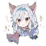  animal_ears blue_neckwear blush bow bowtie brown_eyes closed_mouth commentary_request granblue_fantasy grey_hair hairband heles ikeuchi_tanuma long_hair looking_at_viewer portrait slit_pupils smile solo sparkle 