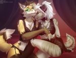  anthro breasts canine clothing duo evlampyshka feline female female/female garter hair lingerie mammal reptilies-conder sitting smile tongue tongue_out wide_hips 