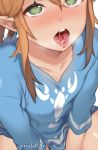  ahegao artist_name blonde_hair blush close-up collarbone earrings eyelashes green_eyes jewelry link male_focus open_mouth pointy_ears roda_(roda826) rolling_eyes saliva shirt short_sleeves simple_background sitting solo t-shirt teeth the_legend_of_zelda the_legend_of_zelda:_breath_of_the_wild thighs tongue tongue_out twitter_username white_background 