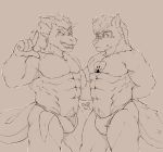  anthro bulge canine clothing dragon duo essentialryu looking_at_viewer male mammal monochrome muscular muscular_male open_mouth pubes standing tattoo underwear 