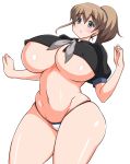  1girl black_eyes blush breasts brown_hair curvy female huge_breasts intrepid_(kantai_collection) kantai_collection kare_(pixiv1062137) long_hair looking_at_viewer navel no_bra panties ponytail shiny_skin shirt simple_background solo standing thighs underboob white_background white_panties wide_hips 