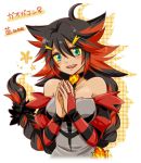  :d ahoge aqua_eyes bare_shoulders black_hair blush braid character_name choker dress grey_dress hair_ornament hairclip hatsuru_826 incineroar long_hair looking_at_viewer multicolored_hair open_mouth personification plaid pokemon red_hair simple_background single_braid smile solo spiked_hair striped two-tone_hair very_long_hair yellow_sclera 