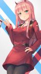  bangs black_legwear blunt_bangs blush breasts candy closed_mouth commentary darling_in_the_franxx eyebrows_visible_through_hair food hand_on_hip highres horns legs_together lollipop long_hair long_sleeves looking_at_viewer medium_breasts military military_uniform motokonut mouth_hold pantyhose pink_hair shiny shiny_hair solo standing straight_hair uniform white_hair zero_two_(darling_in_the_franxx) 