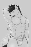  anthro bulge canine clothing essentialryu greyscale jockstrap looking_at_viewer male mammal monochrome muscular muscular_male open_mouth solo standing underwear 