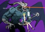  carrying claws david_(fate/grand_order) demon demon_horns demon_wings fangs fate/grand_order fate_(series) green_hair grey_skin horns nemo_(nm20000) staff tunic wings 