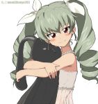  anchovy artist_name bangs camisole closed_mouth commentary drill_hair eyebrows_visible_through_hair from_side girls_und_panzer green_hair hair_ribbon half-closed_eyes holding holding_stuffed_animal kayabakoro lace lace-trimmed_shirt light_blush long_hair looking_at_viewer oversized_object pajamas red_eyes ribbon shirt simple_background sketch smile solo standing stuffed_animal stuffed_bunny stuffed_toy twin_drills twintails twitter_username upper_body white_background white_ribbon white_shirt 