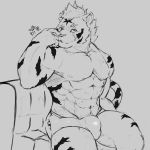  anthro bulge clothing essentialryu feline greyscale looking_at_viewer male mammal monochrome muscular muscular_male pecs scar sitting solo underwear 