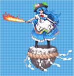  :&gt; blue_background blue_hair boots dress flaming_sword food food_themed_clothes frilled_dress frills fruit gingham hat hinanawi_tenshi keystone layered_dress long_hair lowres peach pixel_art red_eyes rope shide shimenawa smile solo sword sword_of_hisou takorin touhou very_long_hair weapon 