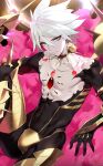  black_bodysuit blue_eyes bodysuit cape collar commentary covered_navel crotch_plate earrings eyeshadow fate/apocrypha fate_(series) gem greaves highres jewelry karna_(fate) looking_at_viewer makeup male_focus signature sitting skin_tight solo spiked_collar spikes yang-do 