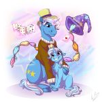  2018 card clothing daughter duo equine father father_and_daughter female friendship_is_magic glowing hat horn jack_pot_(mlp) levitation lupiarts magic male mammal my_little_pony parent sitting trixie_(mlp) unicorn wizard_hat 