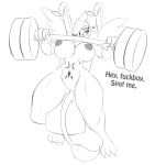  2016 3_toes 4_fingers abs anthro areola avian beak black_and_white breasts claws dumbbell english_text exercise fan_character feathered_wings feathers female galena_(lil_mizz_jay) gryphon hi_res jrvanesbroek looking_at_viewer lying monochrome muscular muscular_female muscular_thighs nipples nude on_back pussy solo tattoo text toe_claws toes weights wings 