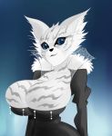  321gofun anthro big_breasts blue_background blue_eyes breasts cleavage clothed clothing compression_artifacts feline female fur gradient_background looking_at_viewer mammal queen_of_cats ready_player_one simple_background smile white_fur 