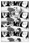  2girls 4koma ahoge asymmetrical_hair bangs blush bow bowtie braid cherry_blossoms closed_eyes collared_shirt comic constricted_pupils covering_mouth dress fleeing fujinami_(kantai_collection) greyscale hair_between_eyes hair_bow hair_over_shoulder hair_ribbon halterneck hamanami_(kantai_collection) highres kantai_collection kitagawa_(ktgw_116) long_hair long_sleeves lying monochrome multiple_girls on_side parted_lips petals pleated_skirt ribbon school_uniform shirt side_ponytail single_braid skirt sleeping sleeveless sleeveless_dress sweat tree 