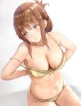  arms_behind_back blush bow bow_panties bra breasts brown_eyes brown_hair cleavage closed_mouth collarbone eyebrows_visible_through_hair folded_ponytail highres inazuma_(kantai_collection) irohakaede kantai_collection large_breasts lips navel older panties short_hair simple_background sitting solo strap_slip underwear underwear_only veins veiny_breasts yellow_bra yellow_panties 
