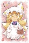  apron basket blonde_hair bottle chibi commentary_request fish food fox_tail frilled_apron frills full_body hat long_sleeves looking_at_viewer multiple_tails pillow_hat pink_background pmx puffy_long_sleeves puffy_sleeves sandals short_hair smile socks solo tail tofu touhou white_apron white_hat white_legwear yakumo_ran yellow_eyes 