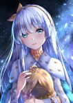  anastasia_(fate/grand_order) bangs blue_cloak blue_eyes blush brown_hairband brown_ribbon chahei cloak commentary_request crown eyebrows_visible_through_hair fate/grand_order fate_(series) hair_between_eyes hair_ribbon hairband hand_up highres light_brown_hair long_hair looking_at_viewer mini_crown parted_lips ribbon silver_hair solo very_long_hair 