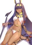  animal_ears bangs black_footwear blush commentary_request dark_skin earrings egyptian egyptian_clothes eyebrows_visible_through_hair facepaint facial_mark fate_(series) hair_between_eyes highres holding jackal_ears jewelry kyuuso_inukami long_hair looking_at_viewer nitocris_(fate/grand_order) open_mouth panties purple_eyes purple_hair solo underwear 