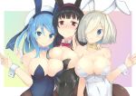  animal_ears areola_slip areolae bare_shoulders black_hair black_legwear black_leotard blue_eyes blue_hair blush bow bowtie breast_press breasts bunny_ears bunny_girl bunnysuit cleavage covered_navel detached_collar double_bun embarrassed frown girl_sandwich hair_ornament hair_over_one_eye hair_ribbon hairclip hamakaze_(kantai_collection) hat isokaze_(kantai_collection) kantai_collection large_breasts leotard long_hair looking_at_viewer multicolored multicolored_background multiple_girls open_mouth pantyhose red_eyes ribbon sailor_hat sandwiched short_hair silver_hair smile tress_ribbon urakaze_(kantai_collection) wardrobe_malfunction white_hat wrist_cuffs yuzuruka_(bougainvillea) 