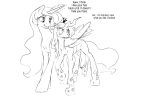  black_and_white changeling crown duo english_text equine feathered_wings feathers female feral friendship_is_magic hole_(anatomy) horn mammal monochrome my_little_pony princess_celestia_(mlp) queen_chrysalis_(mlp) royalty silfoe text tsundere winged_unicorn wings 
