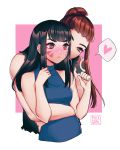  :&lt; arms_up artist_logo artist_name bangs black_shirt blue_shirt blush breasts brigitte_(overwatch) brown_eyes brown_hair closed_mouth commentary d.va_(overwatch) facepaint freckles heart heart-shaped_pupils hug hug_from_behind long_hair medium_breasts multiple_girls nose_blush overwatch ponytail shari_cote shirt shoulder_tattoo sidelocks sleeveless sleeveless_shirt spoken_blush symbol-shaped_pupils tattoo waist_hug whisker_markings yuri 