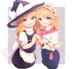  :d alice_margatroid apron bangs black_hat black_skirt blonde_hair blue_eyes bow capelet commentary_request cowboy_shot eyebrows_visible_through_hair hat hat_bow headband holding_hands kirisame_marisa long_hair looking_at_viewer multiple_girls nva222 open_mouth puffy_short_sleeves puffy_sleeves red_string short_sleeves skirt skirt_set smile string touhou waist_apron white_apron white_bow witch_hat yellow_eyes 