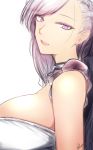  asymmetrical_bangs azur_lane bangs belfast_(azur_lane) blue_eyes blush braid breasts chain collar dress french_braid frills from_side half-closed_eyes head_tilt highres kojima_(blue_stardust) large_breasts long_hair looking_at_viewer maid open_mouth signature silver_hair simple_background smile solo upper_body white_background 