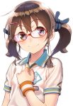  aoi_sora_(pairan) black_ribbon blush brown_eyes brown_hair closed_mouth clothes_writing collared_shirt glasses gym_shirt hair_ornament hair_ribbon hairclip hand_on_own_chest head_tilt long_hair looking_at_viewer nose_blush original pairan red-framed_eyewear ribbon shiny shiny_hair shirt short_sleeves simple_background smile solo sweatband tareme twintails upper_body white_background white_shirt wing_collar 