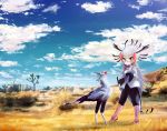  bird blonde_hair book cloud day feathered_wings feathers fuji_takanasu glasses gloves grass grey_hair kemono_friends long_hair multicolored_hair red_eyes red_hair secretarybird_(kemono_friends) sky solo white_hair wings 