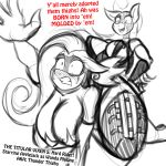  2015 anthro anthrofied applejack_(mlp) areola big_thighs black_and_white_and_red blush breasts cleavage clothed clothing costume cowboy_hat dialogue duo earth_pony english_text equine fantasy female fluttershy_(mlp) freckles friendship_is_magic hat hi_res horse jrvanesbroek mammal mask monochrome my_little_pony pasties pegasus pony sitting sketch superhero supervillain tears text thick_thighs thunder_thighs_(oc) titty_vixen titty_vixen_(character) wings 