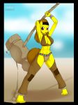  2013 anthro big_breasts breasts brown_hair clothing digital_media_(artwork) equine female hair hammer hi_res horse kloudmutt looking_at_viewer mammal mud my_little_pony pony red_eyes solo standing tools 